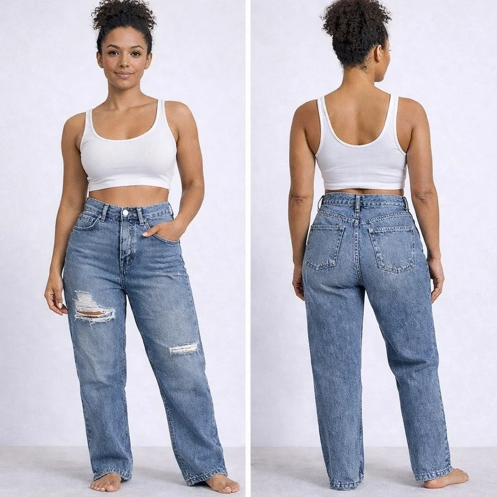Topshop Dad Jeans 28 – High Rise Distressed Boyfriend Medium Wash Straight Denim